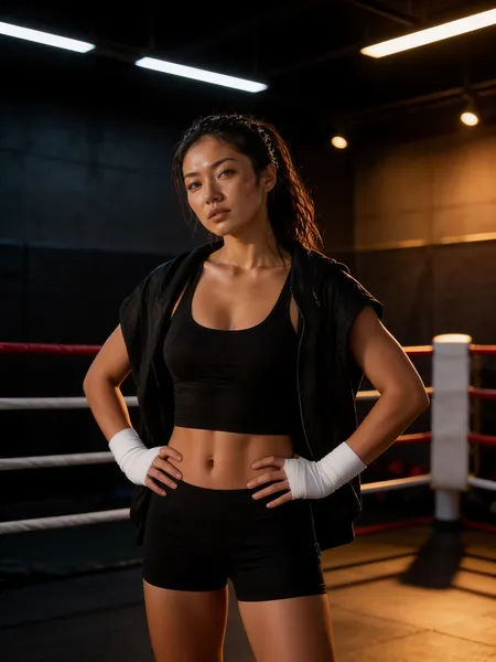 Miyu in a black sports set with hand wraps